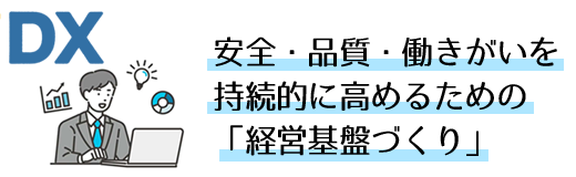 「DX」を単なるIT導入ではなく、安全・品質・働きがいを持続的に高めるための「経営基盤づくり」と位置づけます